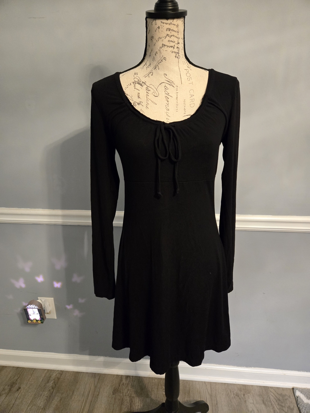 Black Long-Sleeve Tie-Front A-Line Dress